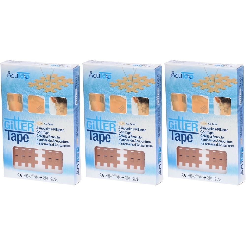 Drie verpakkingen Giller Tape. Opschrift: Giller Tape. Op de verpakking staan acupunctuurpleisters afgebeeld.