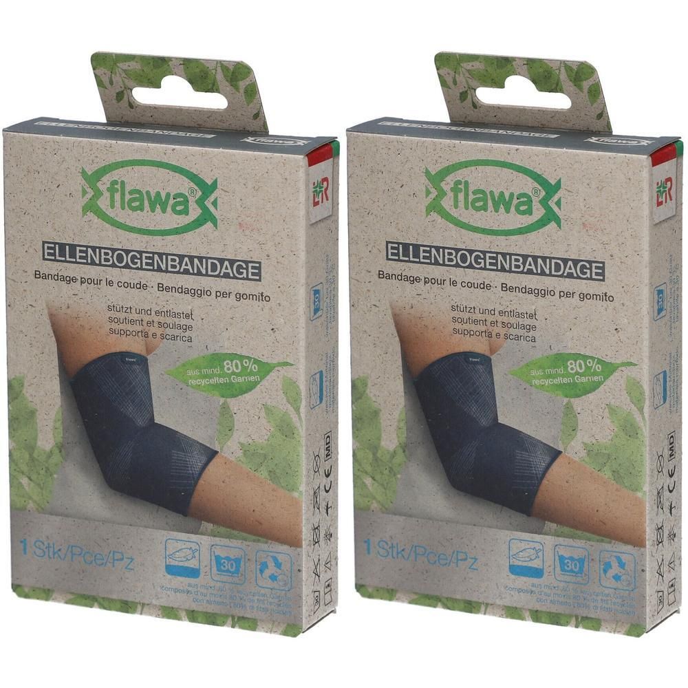 Twee verpakkingen flawa® elleboogbandage. De bandage is donkerblauw en wordt om de elleboog gedragen.