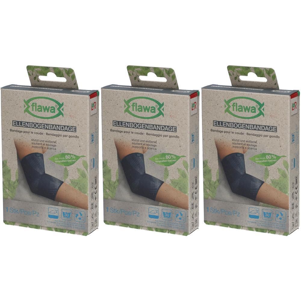 Drie pakken flawa elleboogbandage in donkerblauw. De bandages zijn afgebeeld op kartonnen verpakkingen.