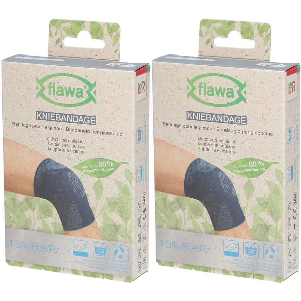 Twee pakken flawa kniebandage. De bandage is donkergrijs en wordt op een knie gedragen.