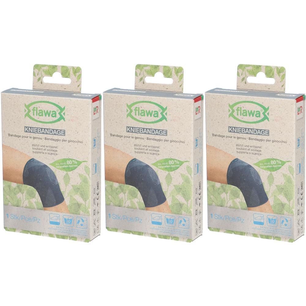 Drie verpakkingen flawa® kniebandage. Elke verpakking toont een donkerblauwe kniebandage om een been.