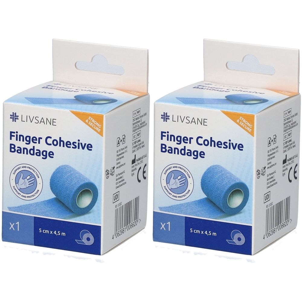 Twee dozen vingerverband. Opschrift: LIVSANE Finger Cohesive Bandage, 5 cm x 4,5 m. Blauw verband op rol, CE-markering.