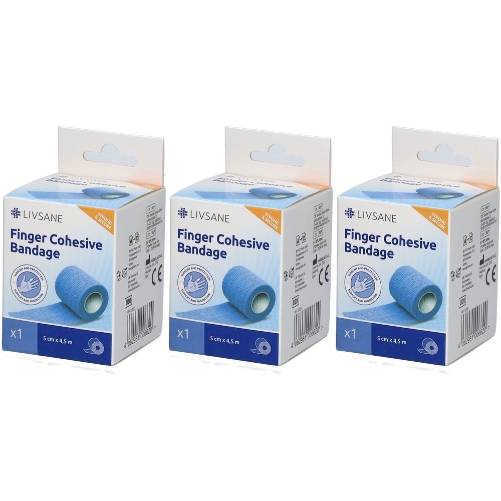 Drie verpakkingen LIVSANE Finger Cohesive Bandage. Elke verpakking bevat een rol blauw verband. Opschriften: merk, productnaam, CE-markering.