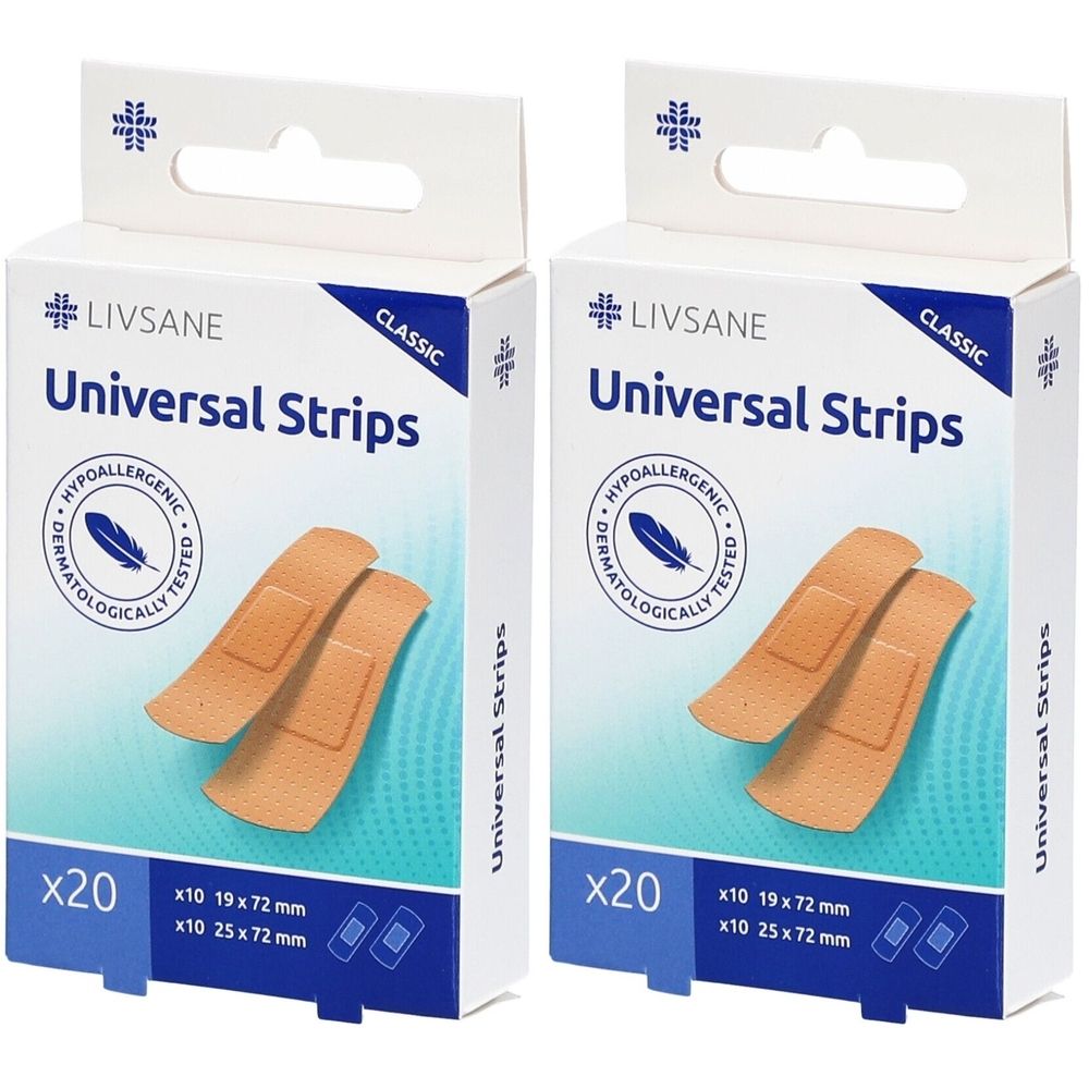 Twee verpakkingen LIVSANE Universal Strips. Op elke verpakking zijn pleisters afgebeeld. Opschrift: hypoallergeen, dermatologisch getest. 20 stuks.