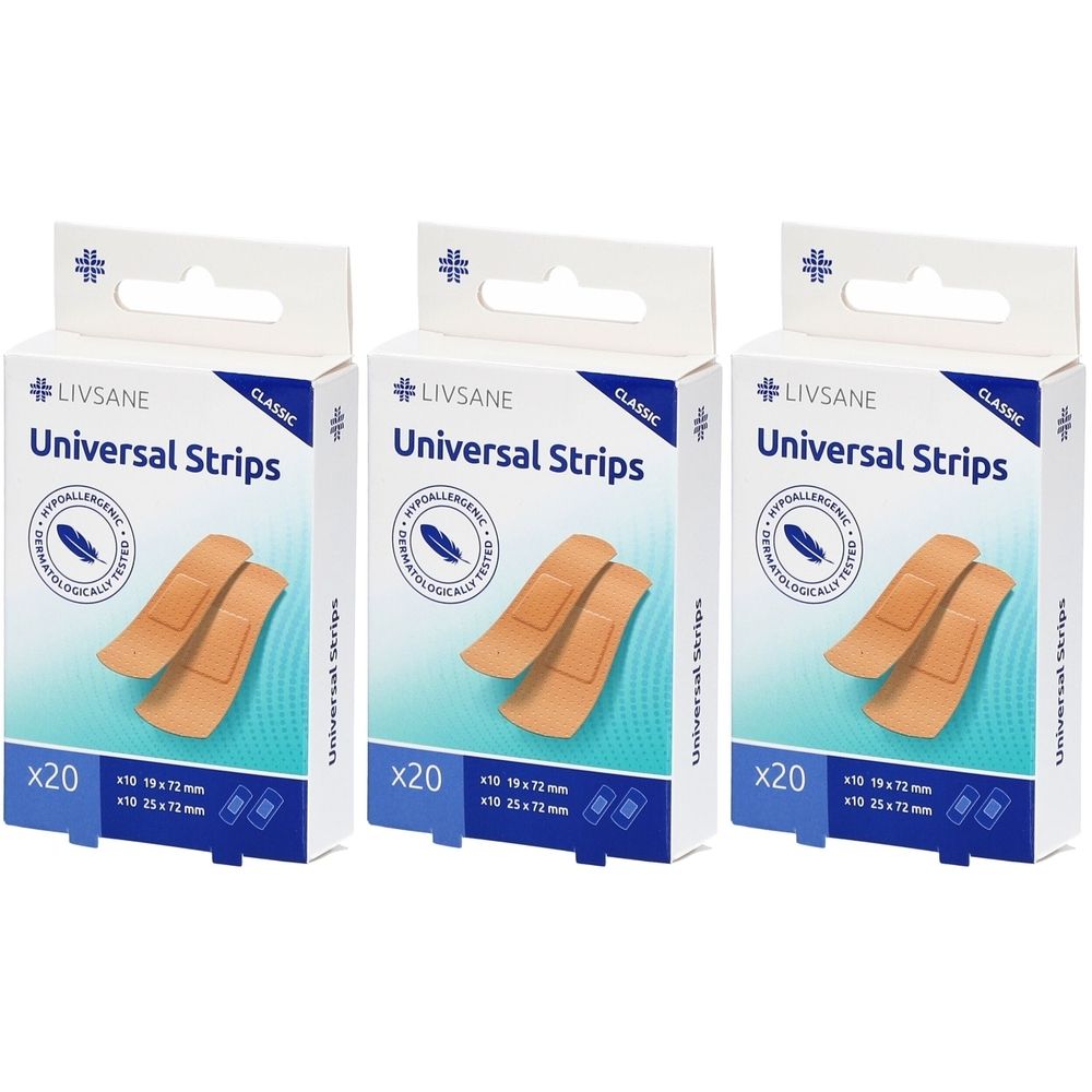 Trois boîtes de LIVSANE Classic Universal Strips. Chaque boîte contient 20 pansements de deux tailles : 19 x 72 mm et 25 x 72 mm.