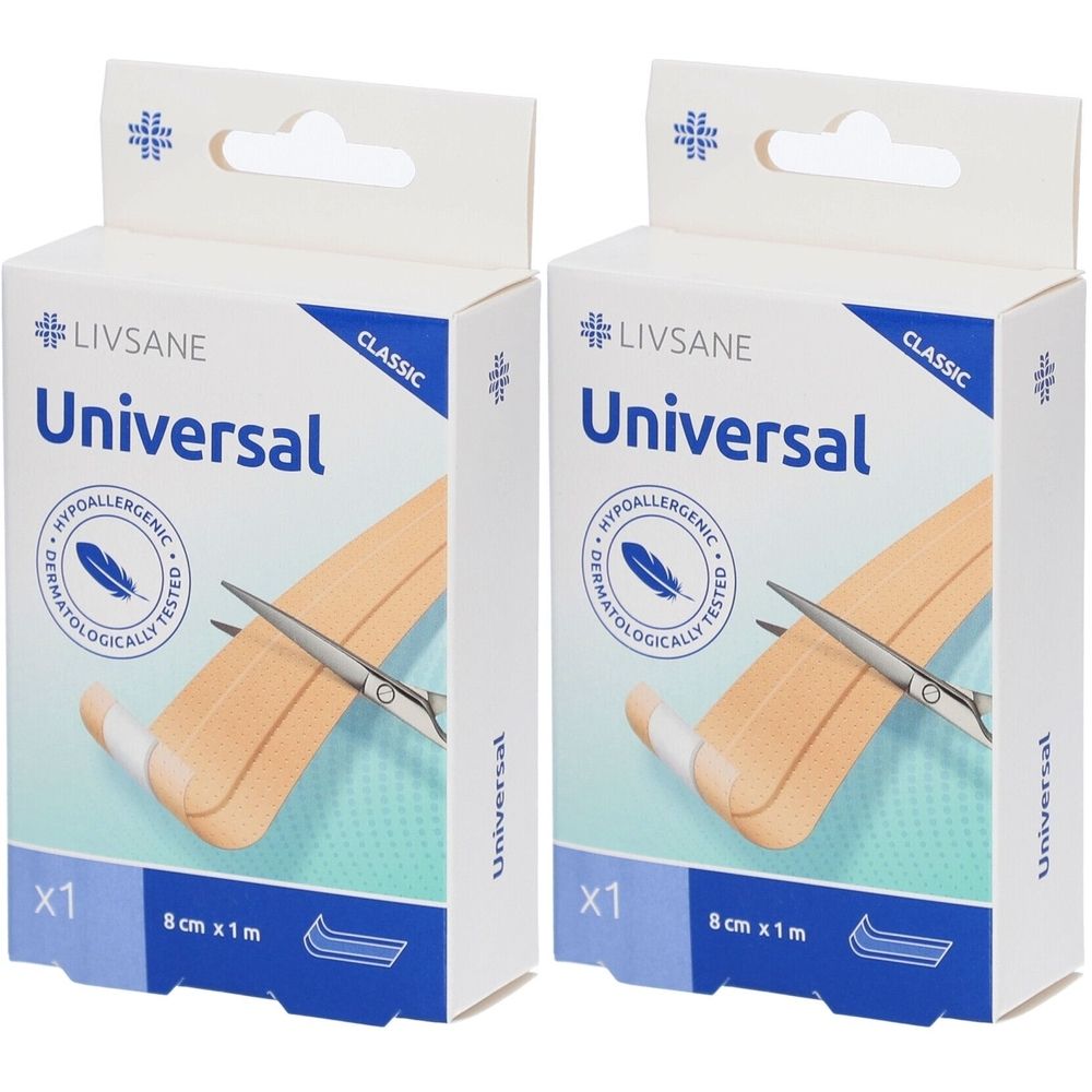 Twee verpakkingen LIVSANE Universal pleisters. Elke verpakking toont "Universal", "8 cm x 1 m" en "Hypoallergeen". Een schaar en een pleister zijn afgebeeld.