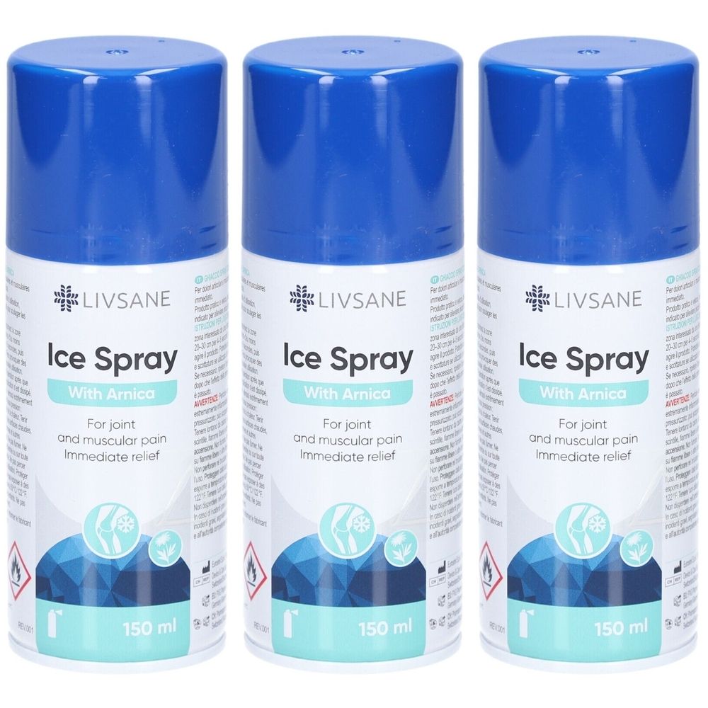 Trois sprays avec bouchon bleu. Inscription: LIVSANE Ice Spray with Arnica. Pour douleurs articulaires et musculaires. 150 ml.