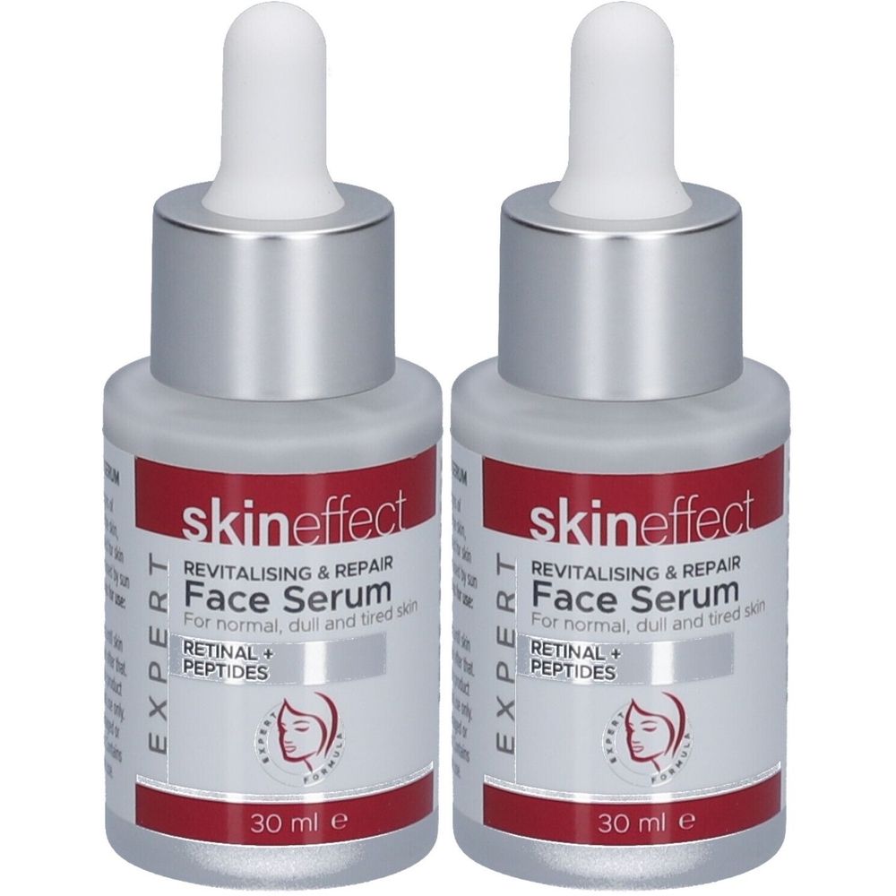 Deux flacons de sérum pour le visage. Inscription : skineffect, Face Serum, REVITALISING & REPAIR. Avec pipette et 30 ml.