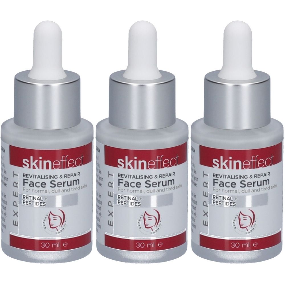 Trois flacons de sérum pour le visage avec pipette. Inscription : skin effect, Face Serum, 30 ml. Étiquette rouge avec informations.