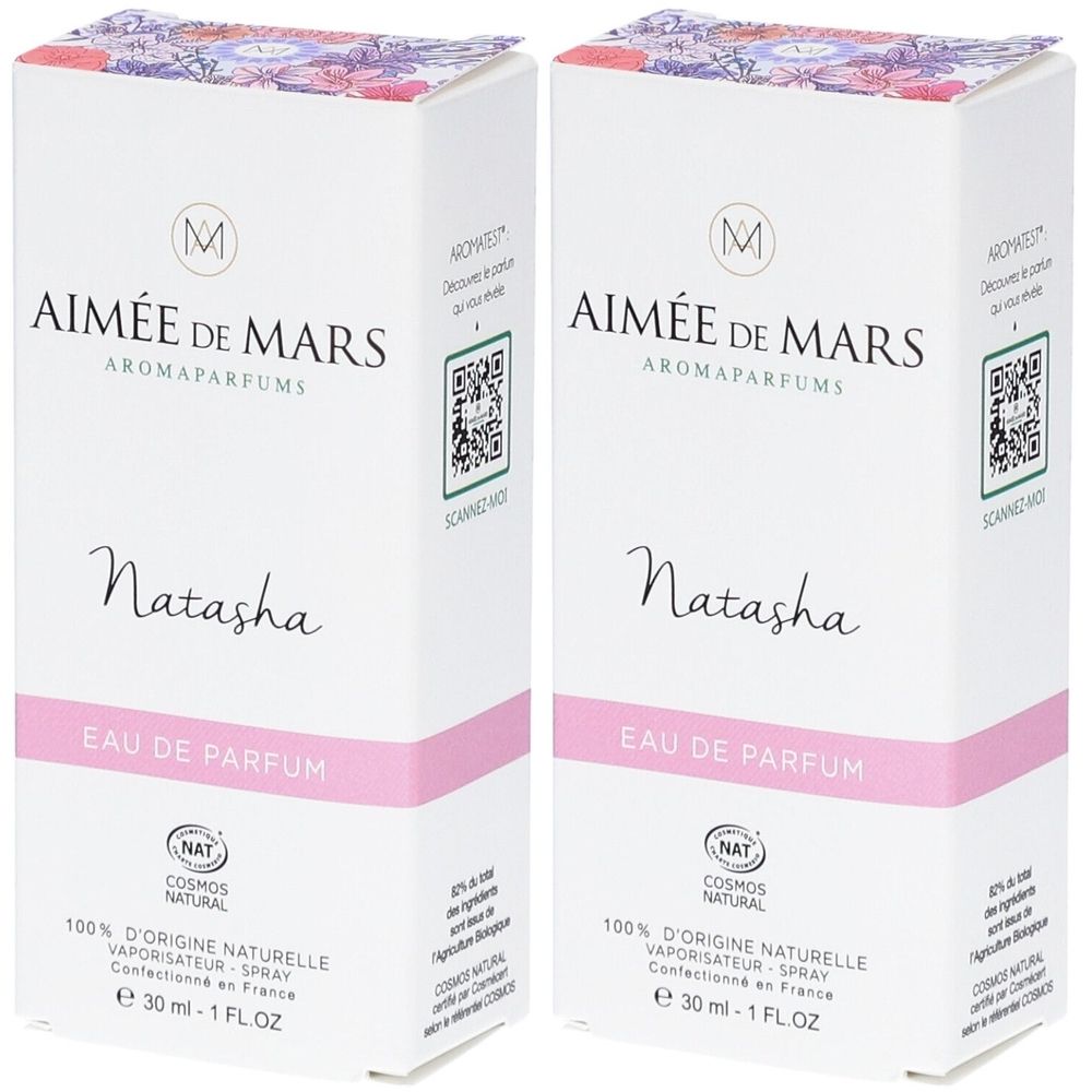 Deux boîtes blanches avec accents roses. Inscription : Aimée de Mars, Natasha Eau de Parfum. Avec certification NAT.