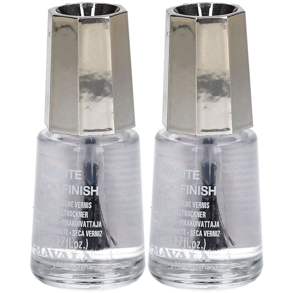 Deux flacons de vernis à ongles transparents. Bouteilles en verre avec bouchons argentés. Inscription: Minute Quick Finish, Mavala.