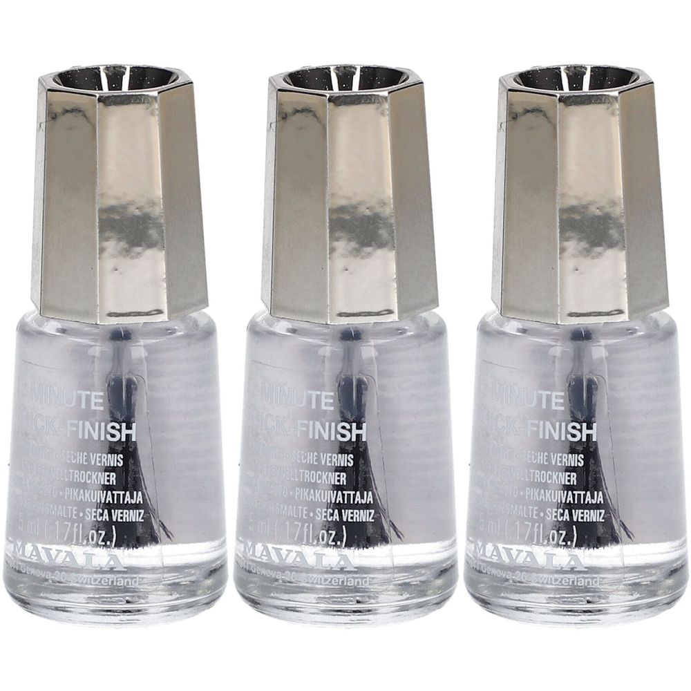 Trois flacons de vernis à ongles avec des bouchons argentés. Chaque flacon porte l'inscription "Minute Quick Finish" et "MAVALA".
