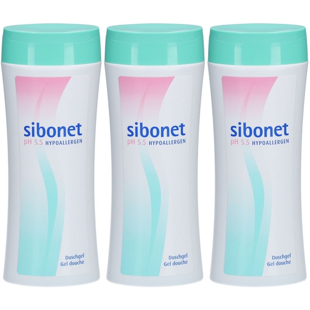 Drie witte flessen met turquoise doppen. Op elke fles staat 'sibonet PH 5.5 HYPOALLERGEN' en 'Duschgel'.