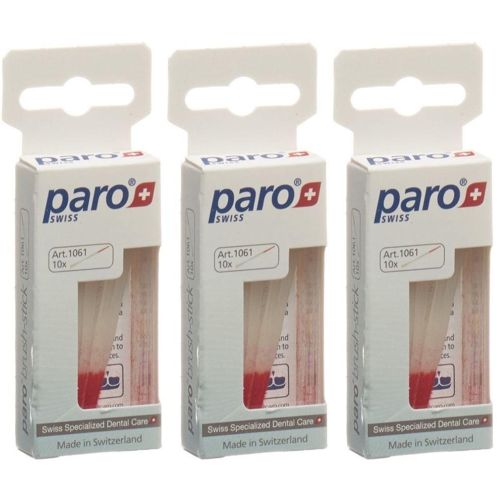 Trois boîtes de Paro Brush-Sticks. Chaque boîte contient 10 pièces. L'emballage affiche le logo Paro Swiss et l'inscription Swiss Specialized Dental Care.