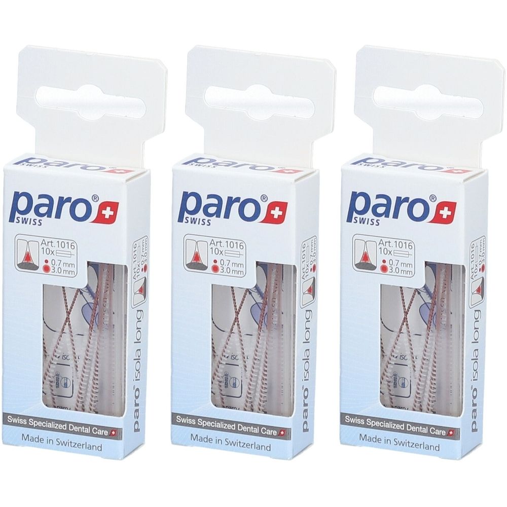 Drie verpakkingen paro® Interdentalbürste Isola Long. Elke verpakking bevat 10 borstels. Merk en productnaam zichtbaar.