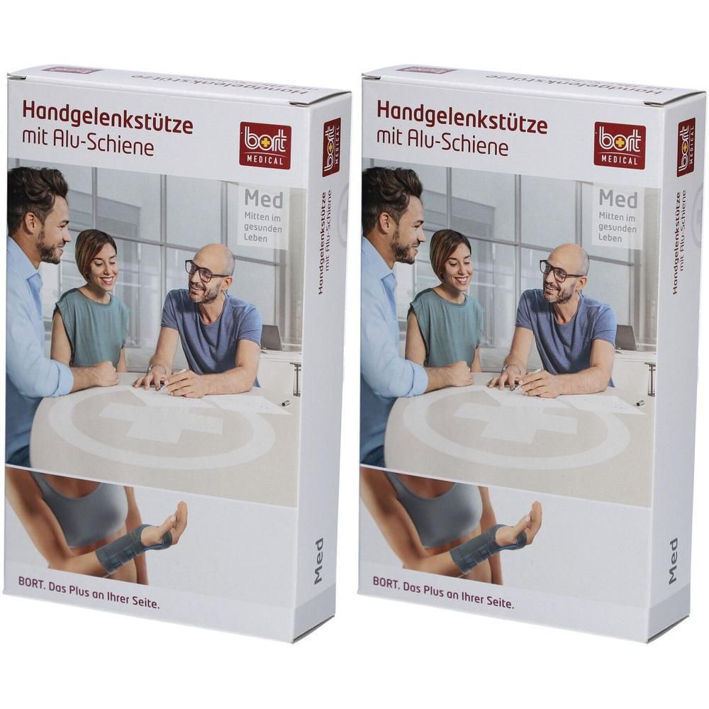 BORT polsbrace met alu-spalk, rechts, huidkleur, maat M. Kartonnen verpakking met productafbeelding en gebruiksscenario.
