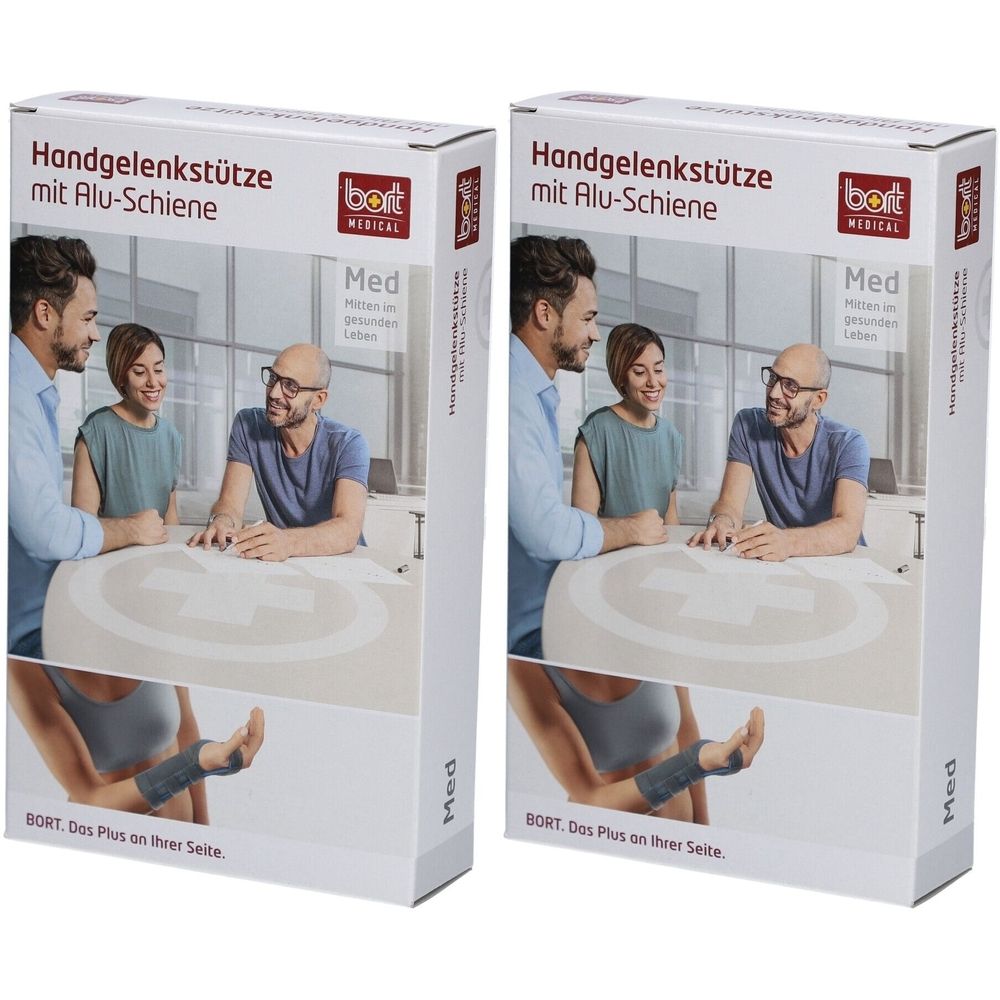 BORT polsbrace met alu-spalk, rechts, huidkleur, maat M. Kartonnen verpakking met productafbeelding en gebruiksscenario.