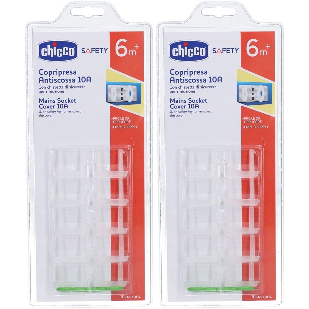 Deux paquets de protections de prises électriques. Couvercles en plastique transparent en emballage blister. Marque Chicco, 6m+.