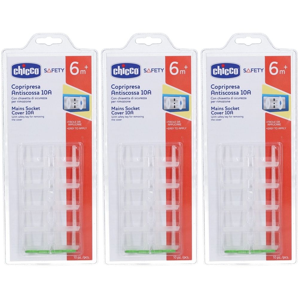Trois paquets de cache-prises. Chaque paquet contient 10 pièces. Marque : Chicco. Recommandé pour les enfants de 6 mois et plus.