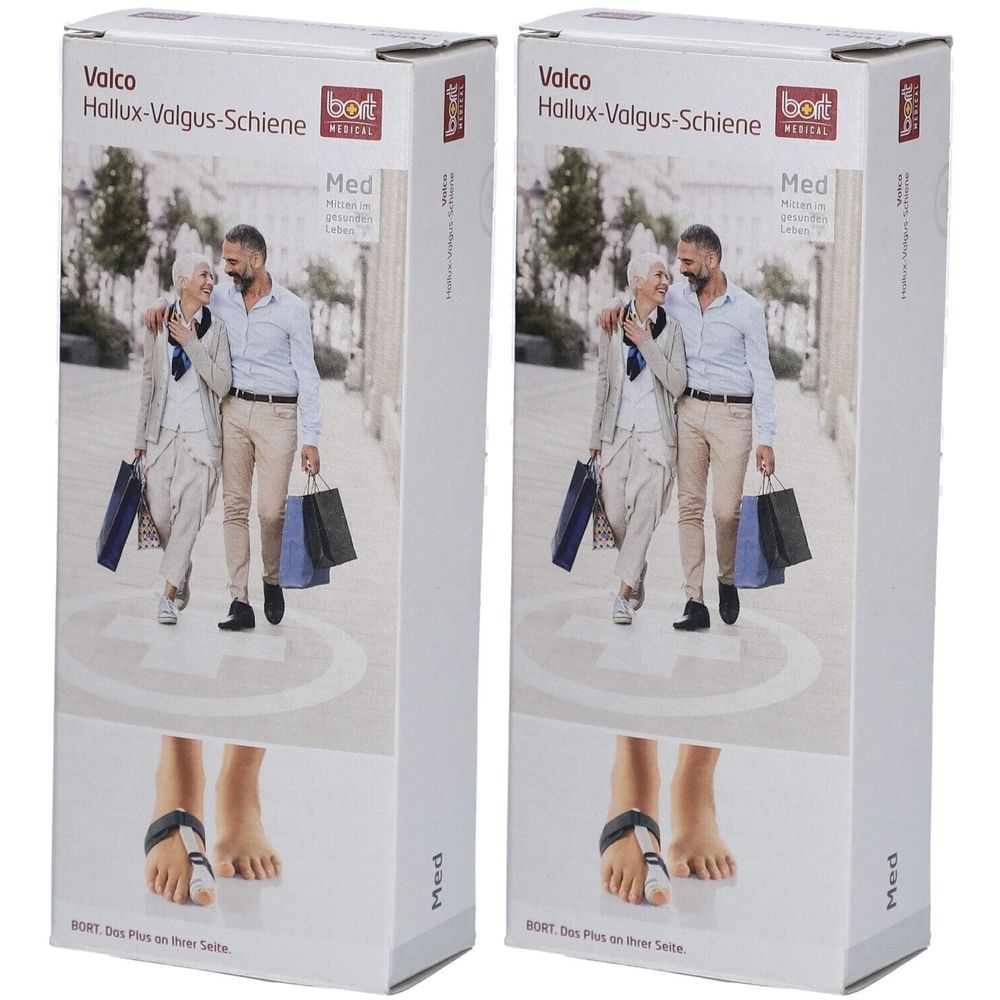 Twee verpakkingen BORT Valco Hallux-Valgus-Schiene, links, maat M. Toont een ouder echtpaar dat winkelt en een close-up van een teenbrace.