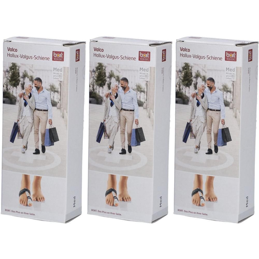Drie verpakkingen BORT Valco® Hallux-Valgus-Schiene links maat M. Toont een paar spalken en een wandelend stel.