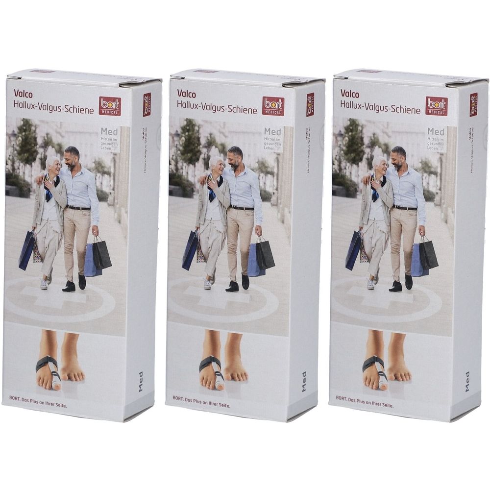 Drie verpakkingen BORT Valco® Hallux-Valgus-Schiene links maat M. Toont een paar spalken en een wandelend stel.