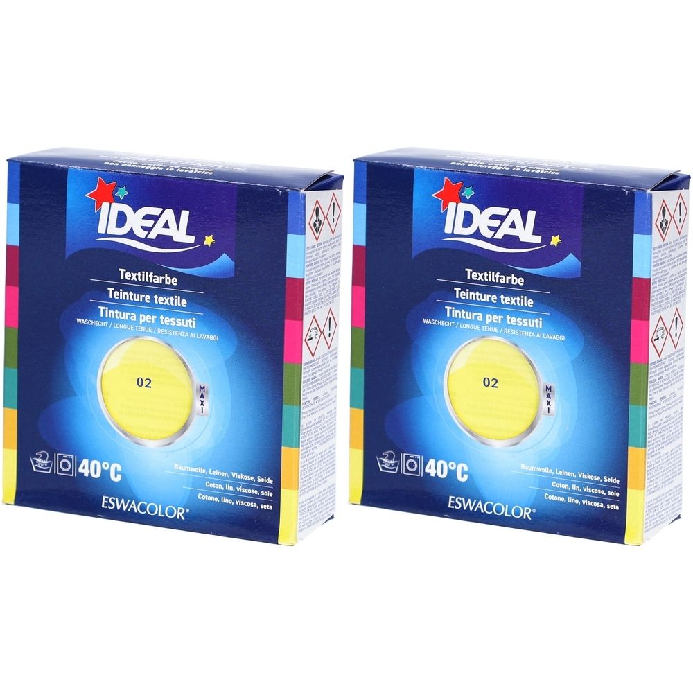 Twee dozen textielverf. Opschrift IDEAL, Textilfarbe, 02. Geel kleurmonster. Temperatuur 40°C. Merk ESWACOLOR.