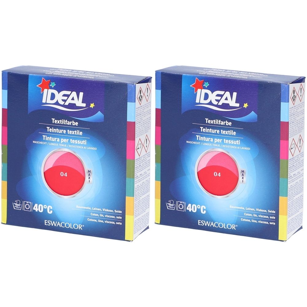 Twee dozen textielverf. Opschrift: IDEAL, Textielverf, 04, 40°C. Rode cirkel. Merk ESWACOLOR.
