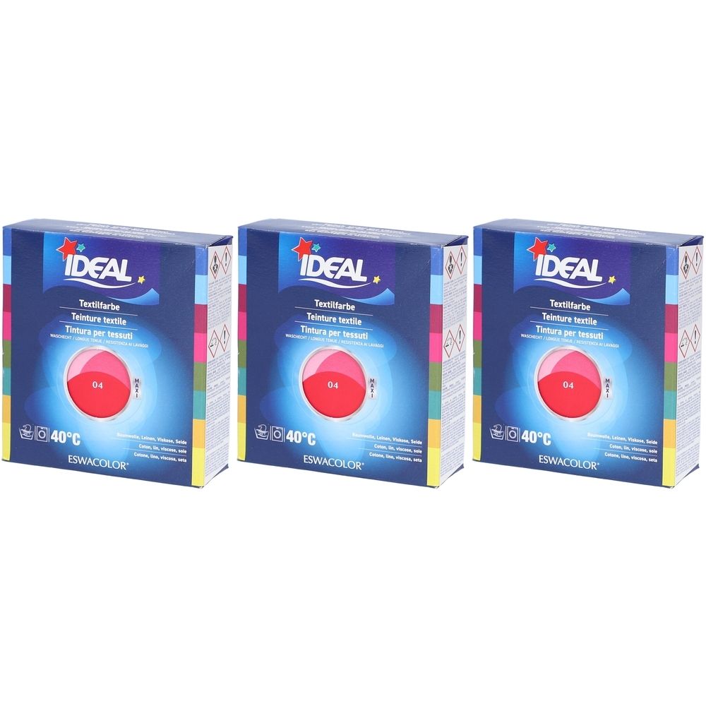 Trois boîtes de teinture textile IDEAL, teinte 04. Inscription "Teinture textile". Indication de température 40°C. Marque ESWACOLOR.