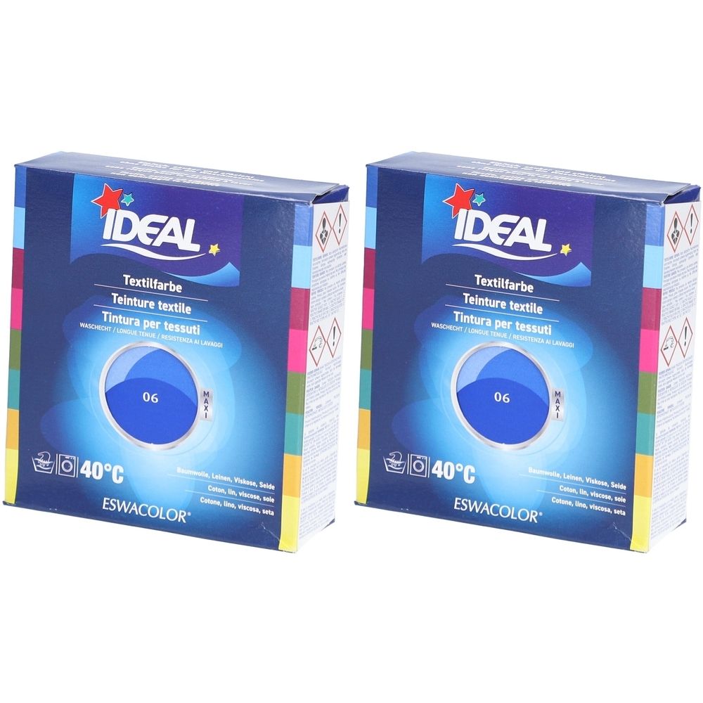 Deux boîtes de teinture textile bleues. Inscription : IDEAL, Teinture textile, 06, 40°C. Marque ESWACOLOR. Bleu roi.