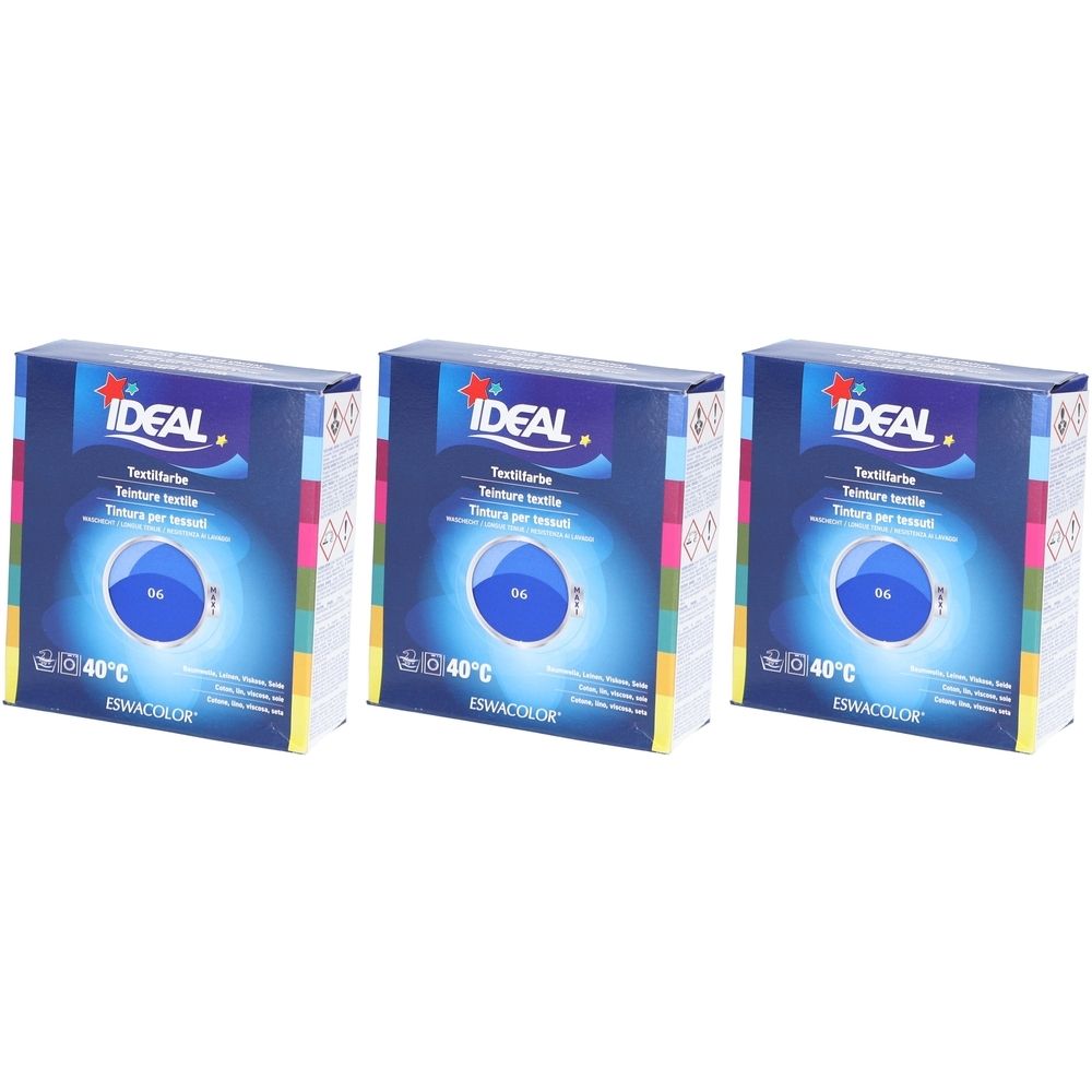 Drie dozen textielverf. Blauwe verpakking met IDEAL-logo en productnaam. Opdruk: 06 Königsblau, 40°C.
