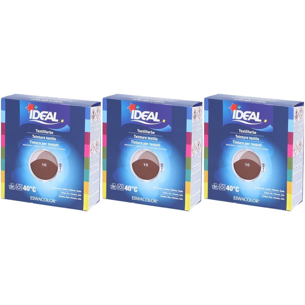 Drie dozen IDEAL textielverf. Elke doos toont een bruin kleurmonster en het nummer 10. Opdruk: 40°C en ESWACOLOR.