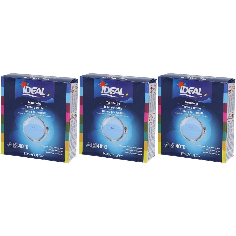 Drie dozen textielverf. Blauwe verpakking met productinformatie en merknaam IDEAL. Kleurencirkel met hemelsblauwe tint.