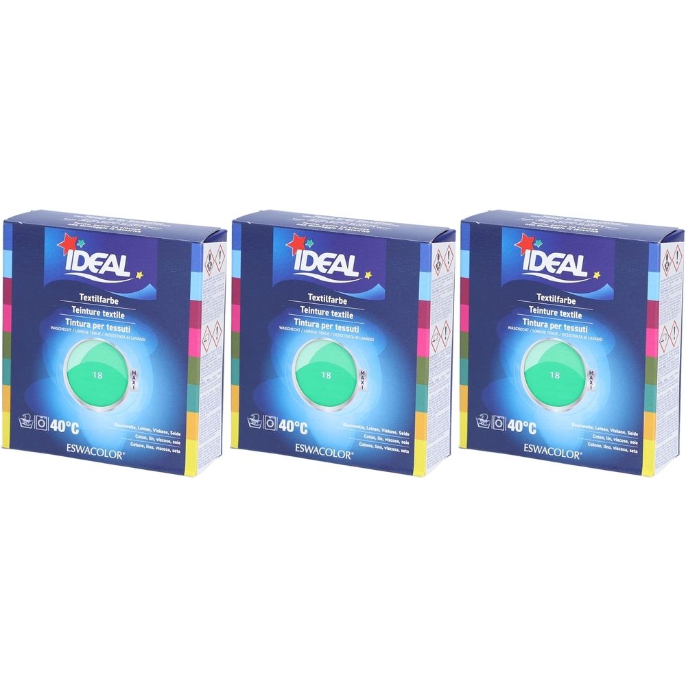 Drie dozen textielverf. Op elke doos staat IDEAL. De kleur is mintgroen. 40°C en ESWACOLOR zijn zichtbaar.