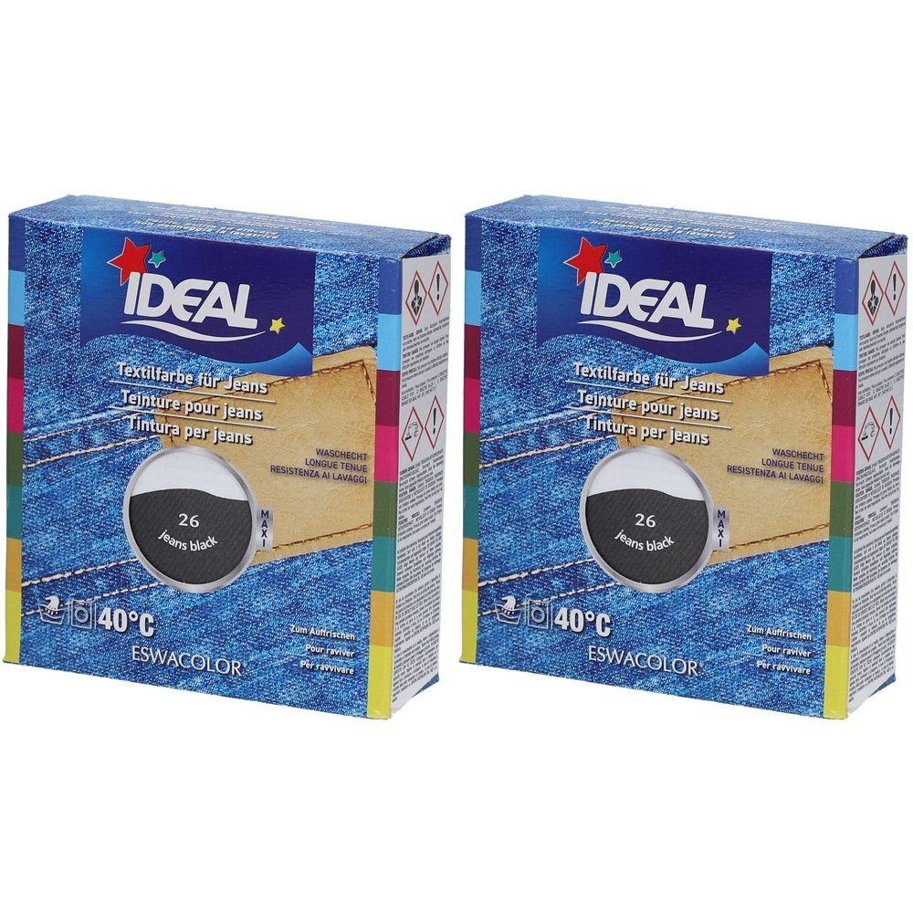 Deux boîtes de teinture textile IDEAL pour jeans. Inscription : 26 Jeans Black, 40°C. Emballage bleu avec logo et nom du produit.