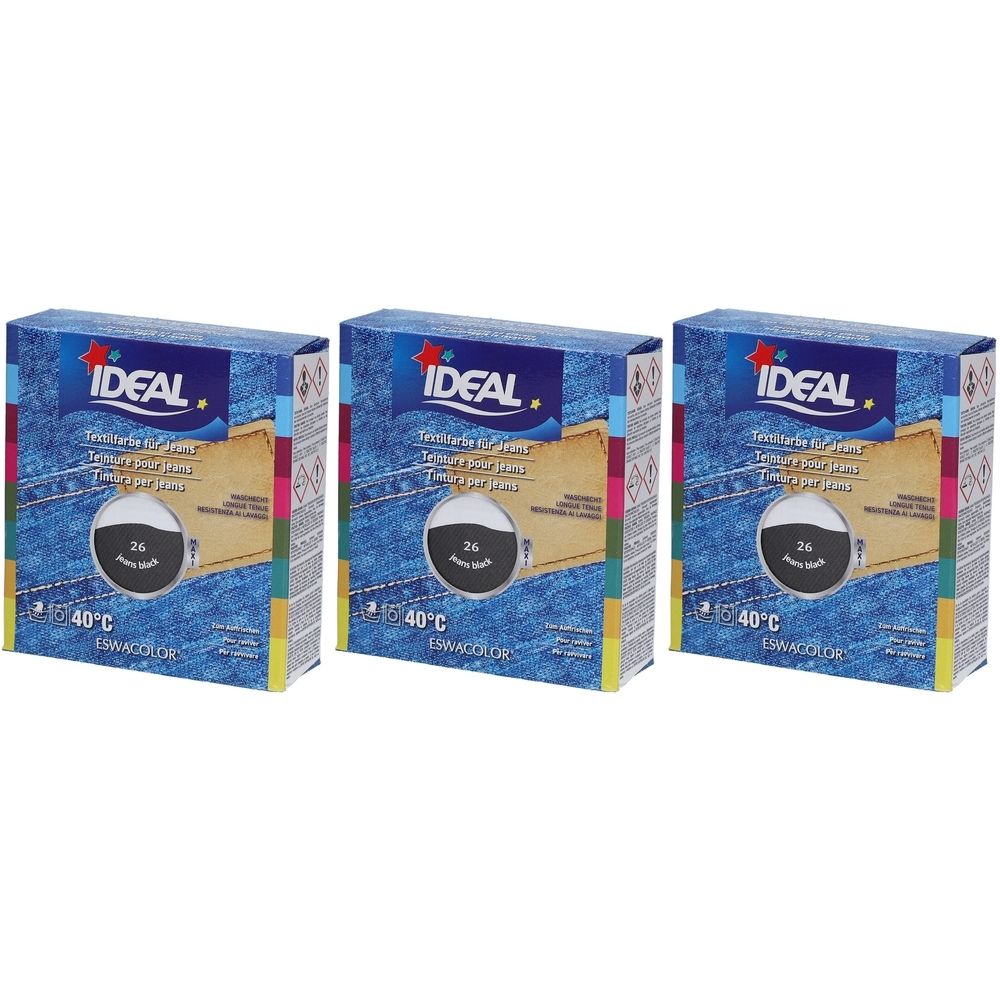 Drie dozen textielverf. Op elke doos staat IDEAL. Op de voorkant staat een cirkel met nummer 26 en de tekst "Black".