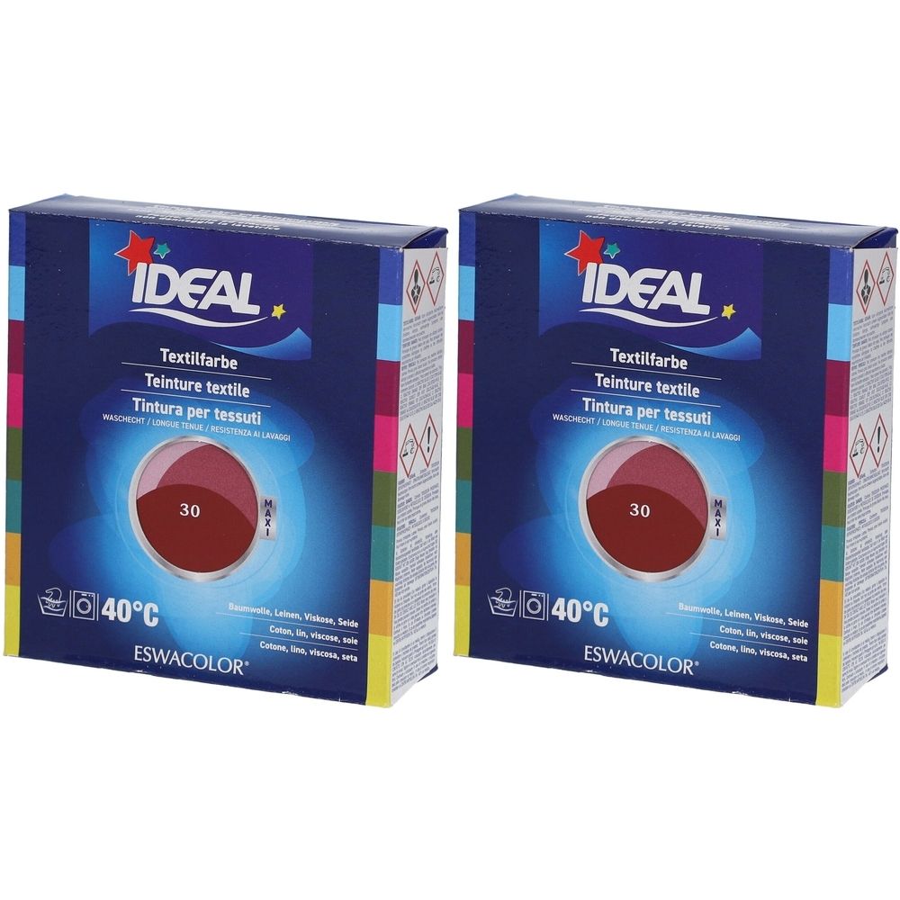 Twee rechthoekige dozen met IDEAL-logo en Textilfarbe-opdruk. Op elke doos staat een ronde afbeelding met het nummer 30 en de aanduiding 40°C.