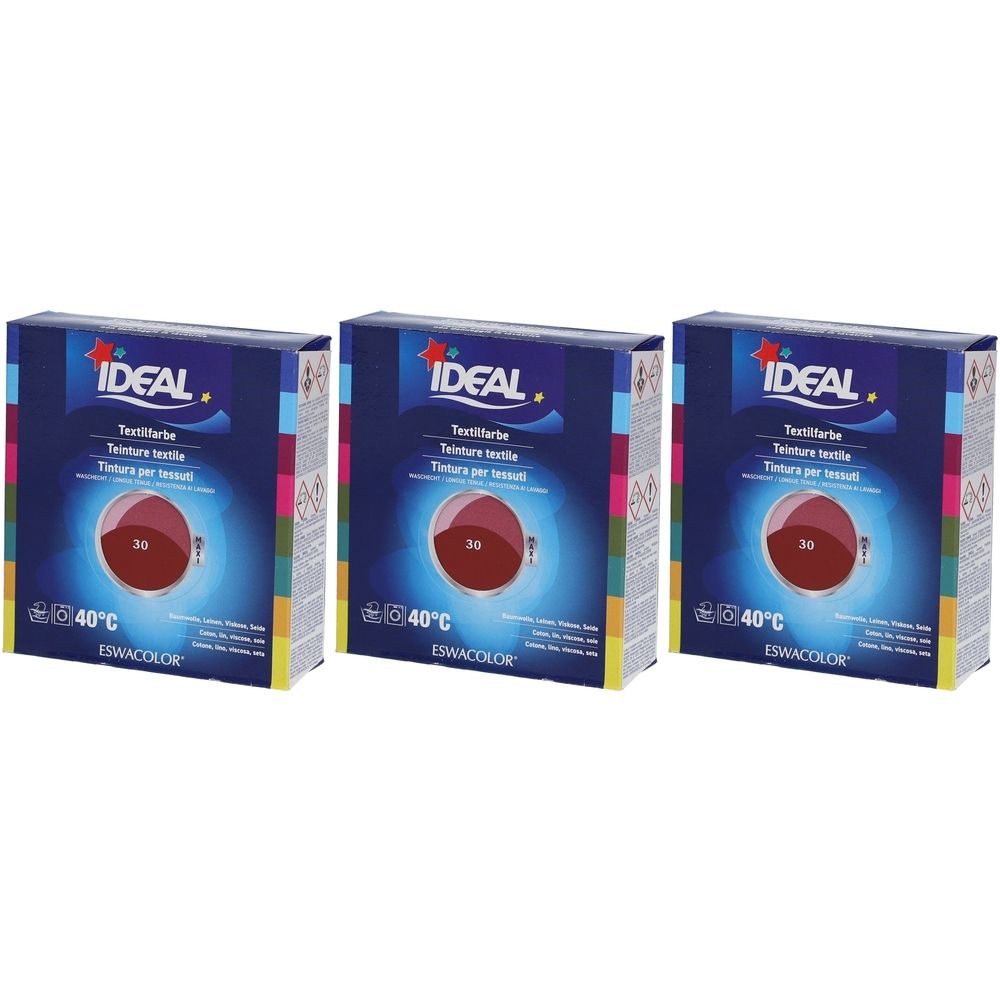 Drie dozen IDEAL textielverf. Op de dozen staan het IDEAL logo, de tekst textielverf, een afbeelding en de temperatuur 40°C.