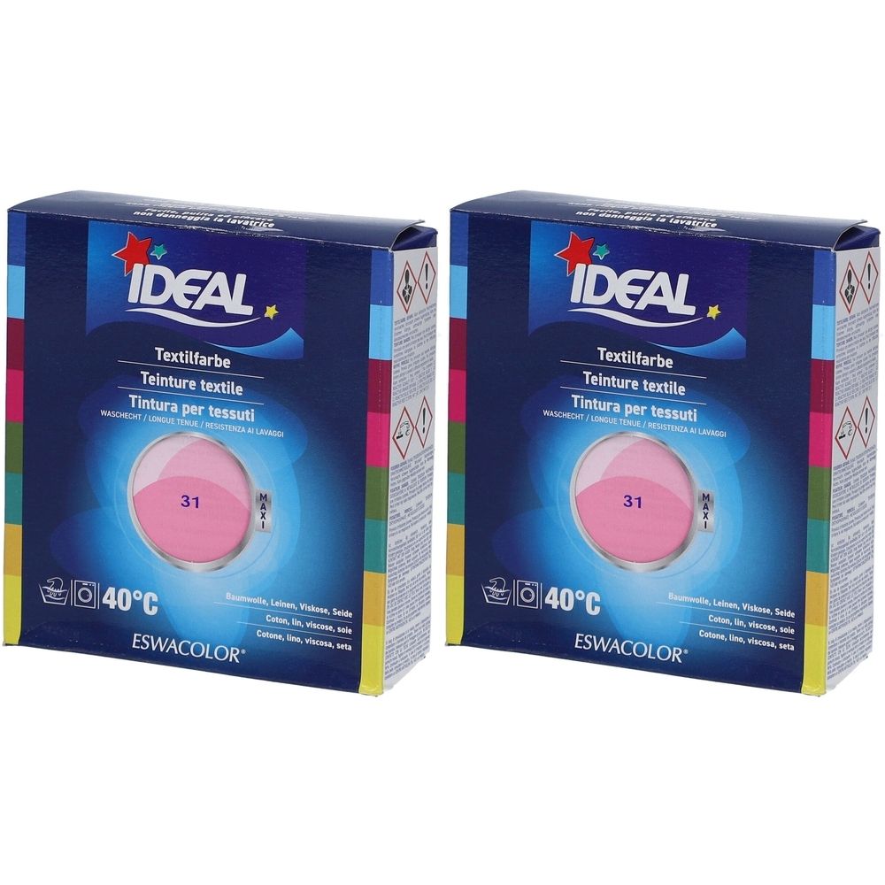 Twee dozen IDEAL textielverf. Opschriften: Textilfarbe, Teinture textile, Tintura per tessuti. Kleur 31 Pink. Temperatuurindicatie 40°C. Merk ESWACOLOR.