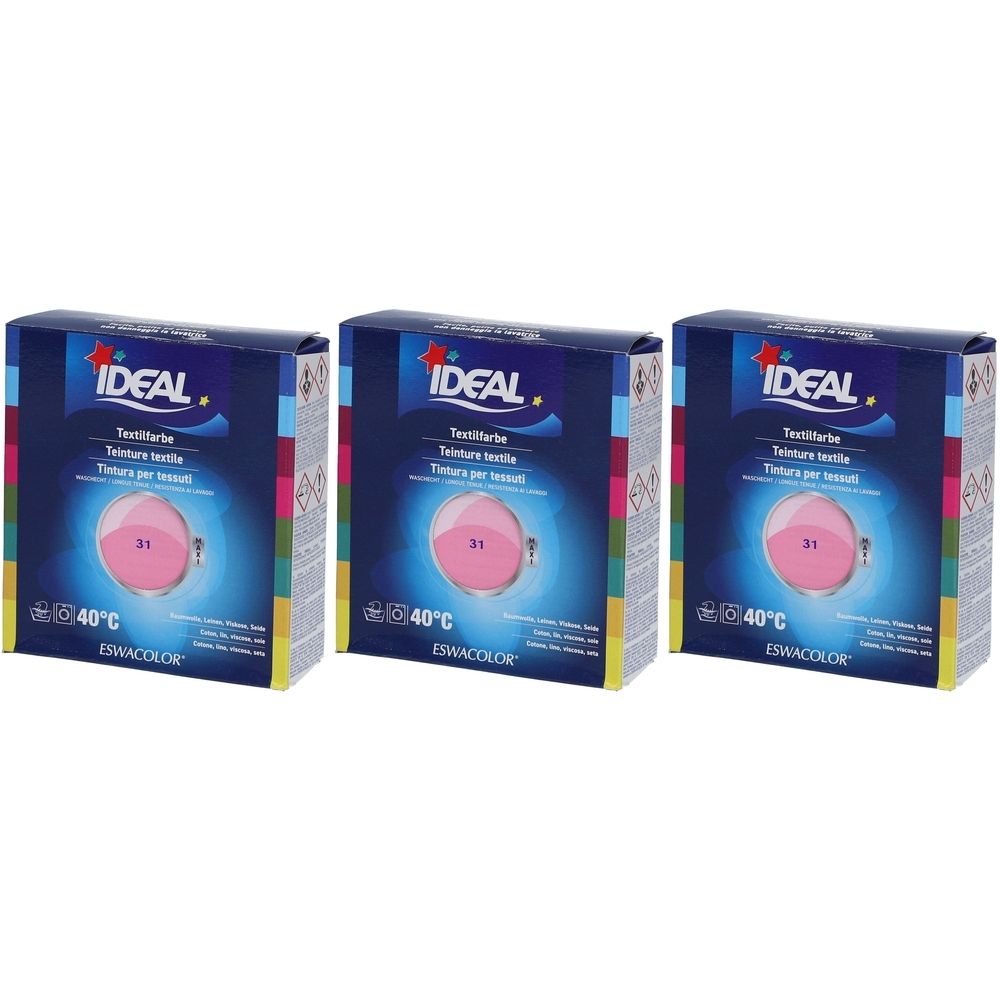 Trois boîtes de teinture textile. Chaque boîte porte IDEAL, Textilfarbe, 31 Pink, 40°C et ESWACOLOR.