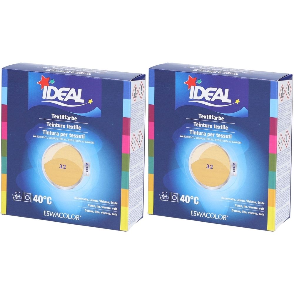 Deux boîtes de teinture textile IDEAL. Inscription : Textilfarbe, Teinture textile, Tintura per tessuti. Couleur 32 Beige. Indication de température 40°C. Marque ESWACOLOR.