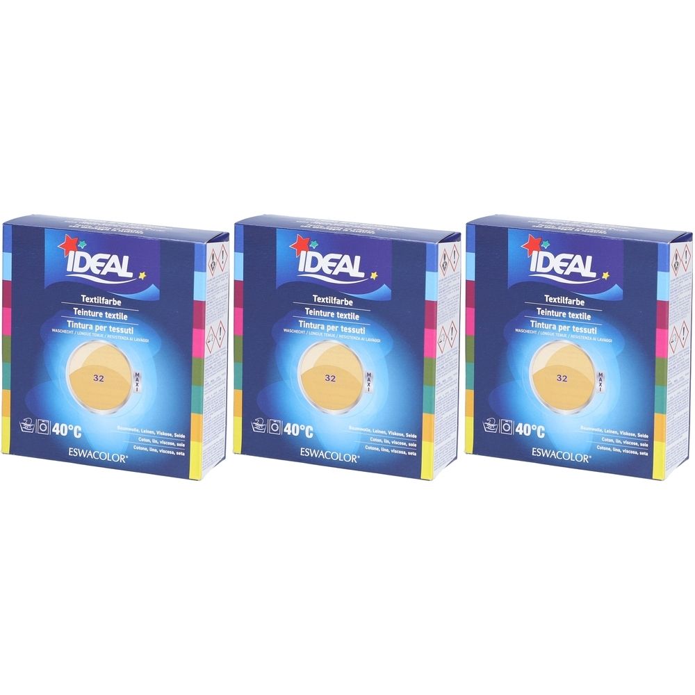 Trois boîtes de teinture textile IDEAL. Chaque boîte porte les mentions "IDEAL", "32" et "40°C".