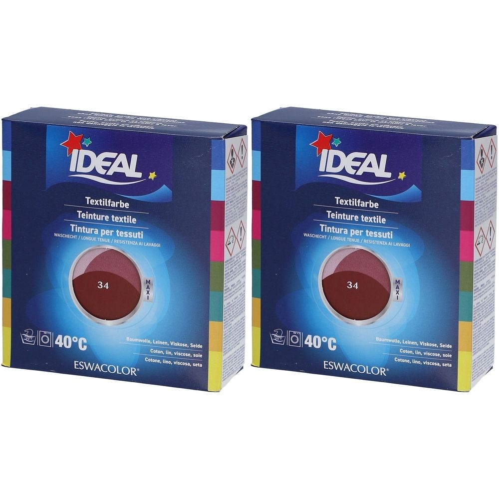 Twee dozen textielverf. Opschrift: IDEAL, textielverf, tint 34, wastemperatuur 40°C. Bordeaux kleur.
