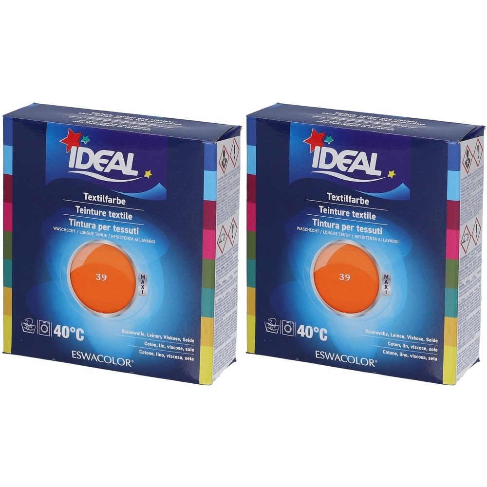 Deux boîtes de teinture textile IDEAL, couleur orange 39. Indications de température 40°C. Marque ESWACOLOR.