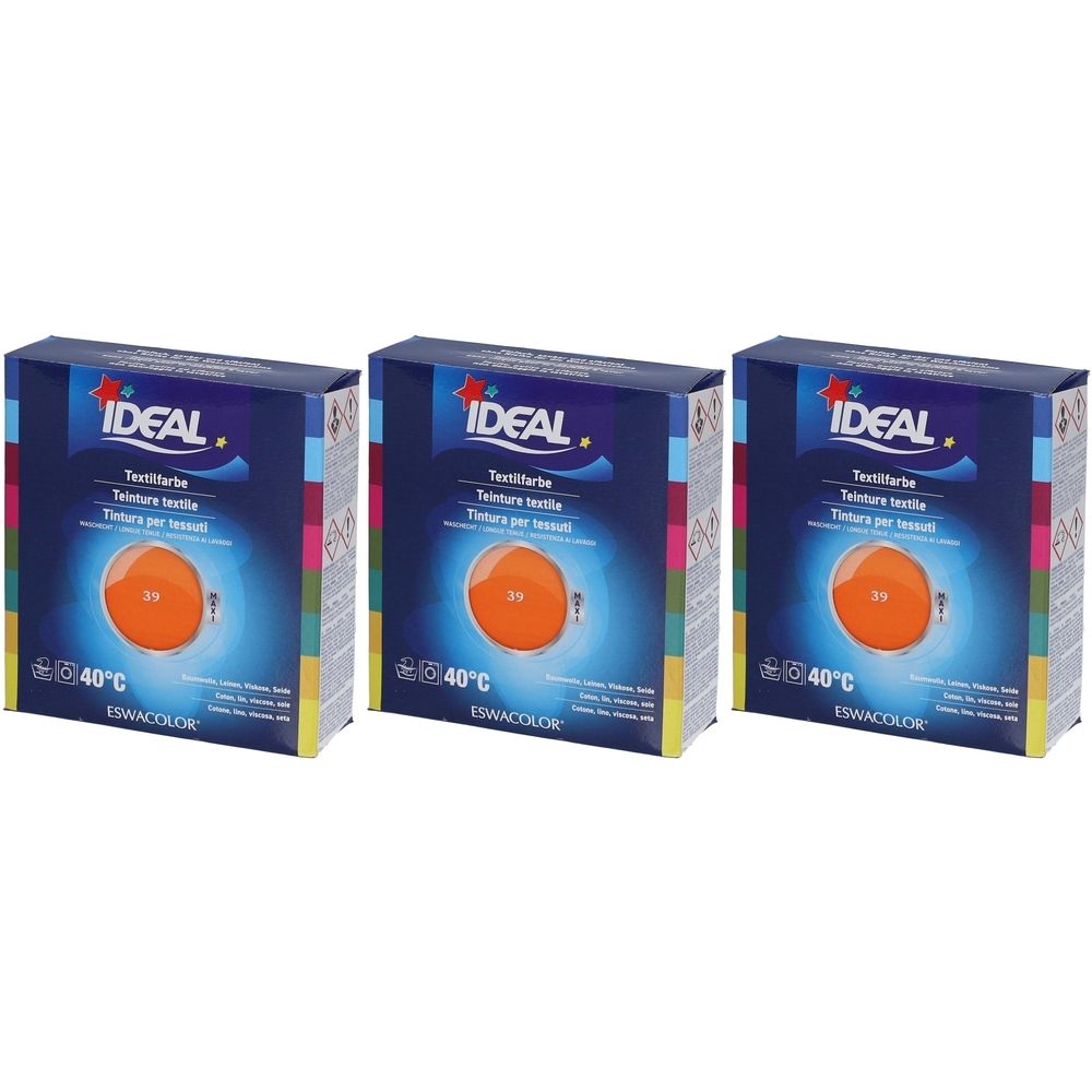 Trois boîtes de teinture textile. Emballage bleu avec cercle orange et texte. Marque IDEAL. Indication de température 40°C.