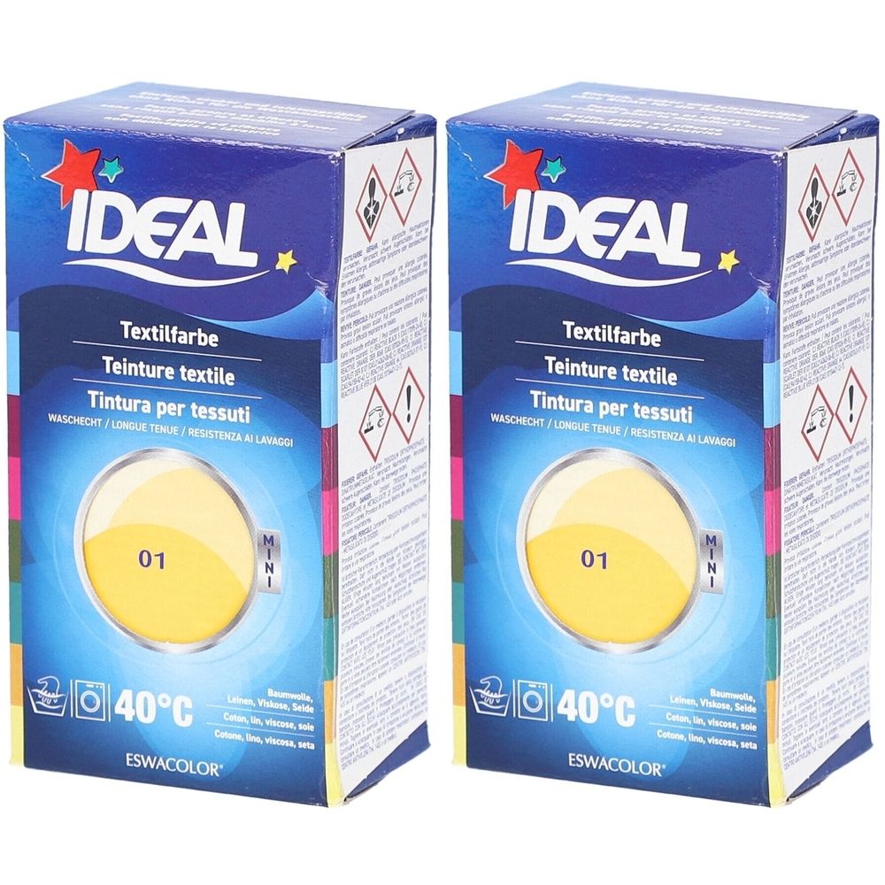 Deux boîtes de teinture textile IDEAL, jaune 01. Symboles de lavage et 40°C. MINI.