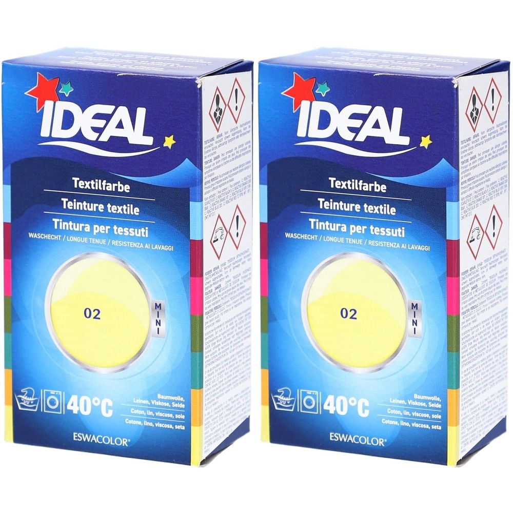 Twee dozen textielverf IDEAL, citroengeel, 02. Waspictogram 40°C. Mini-verpakking.