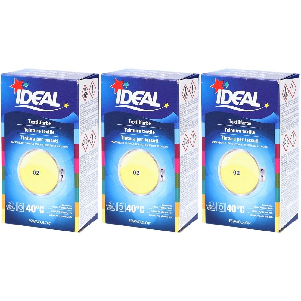 Drie dozen textielverf. Blauwe verpakking met gele cirkel en opschrift "IDEAL". Opdruk "02" en "40°C".