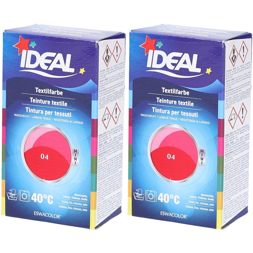 Twee dozen textielverf. Opschrift IDEAL, Textilfarbe, 04. Wasmachine symbool en temperatuur 40°C.