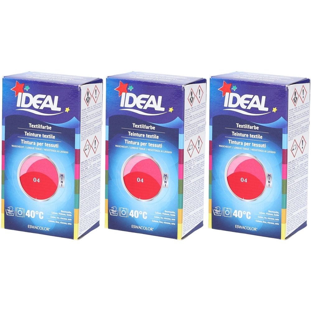 Drie dozen textielverf. Op elke doos staat IDEAL, Textilfarbe, en de kleur 04. De temperatuurindicatie is 40°C.